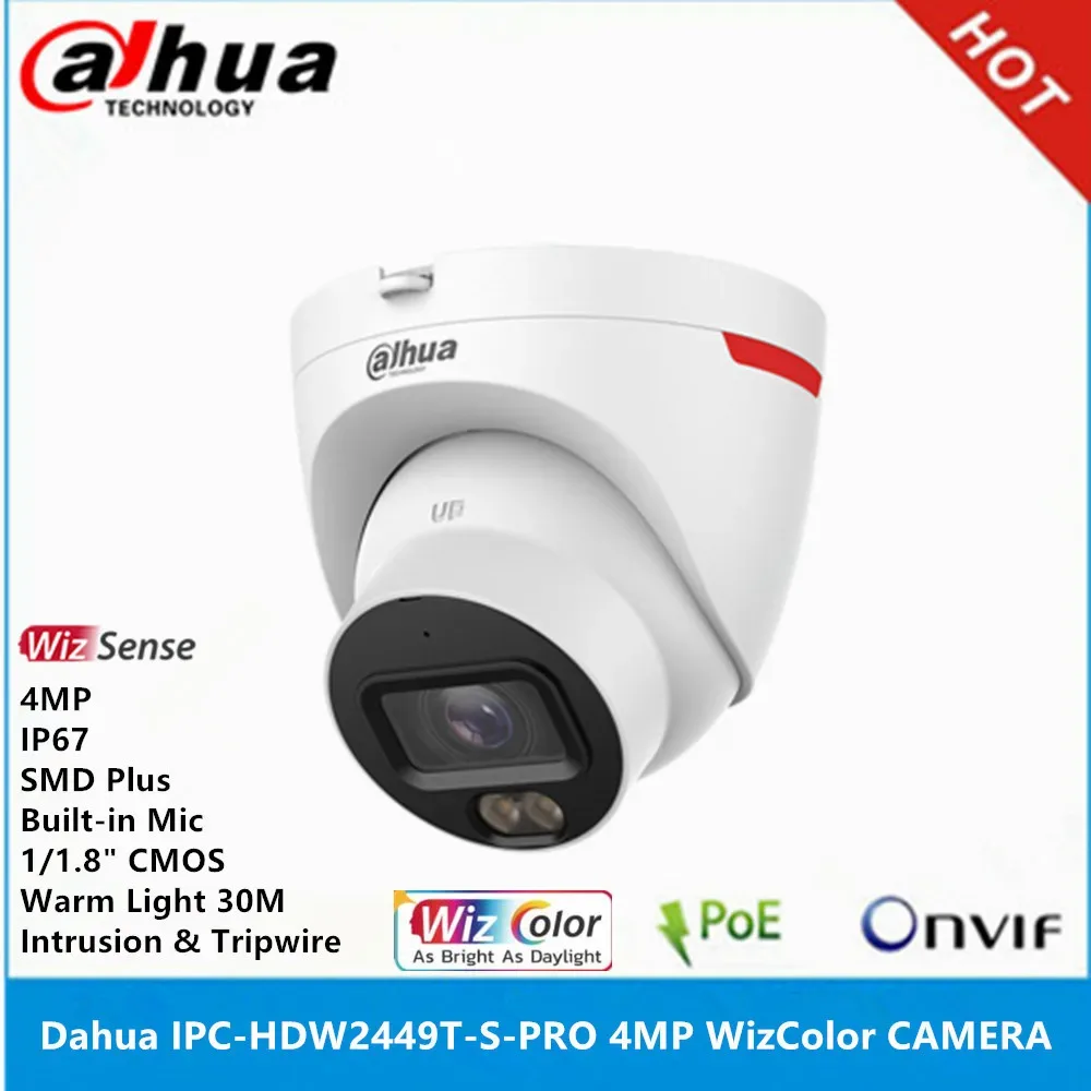 Dahua IPC-HDW2449T-S-PRO 1/1.8" CMOS 4MP Built-in MIC IP67 24 hours full color POE SMD Plus Eyeball WizSense ip Camera — image 1