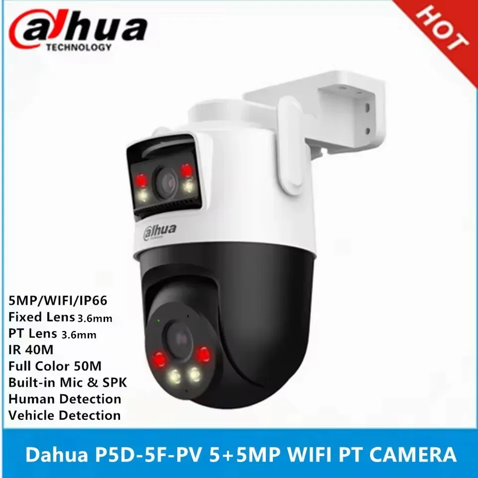 Dahua P5D-5F-PV 5+5MP Dual-Lens IR 40M & Full Color 50M IP66 built-in Mic & Spk Human Detection Pan & Tilt WIFI camera — image 1